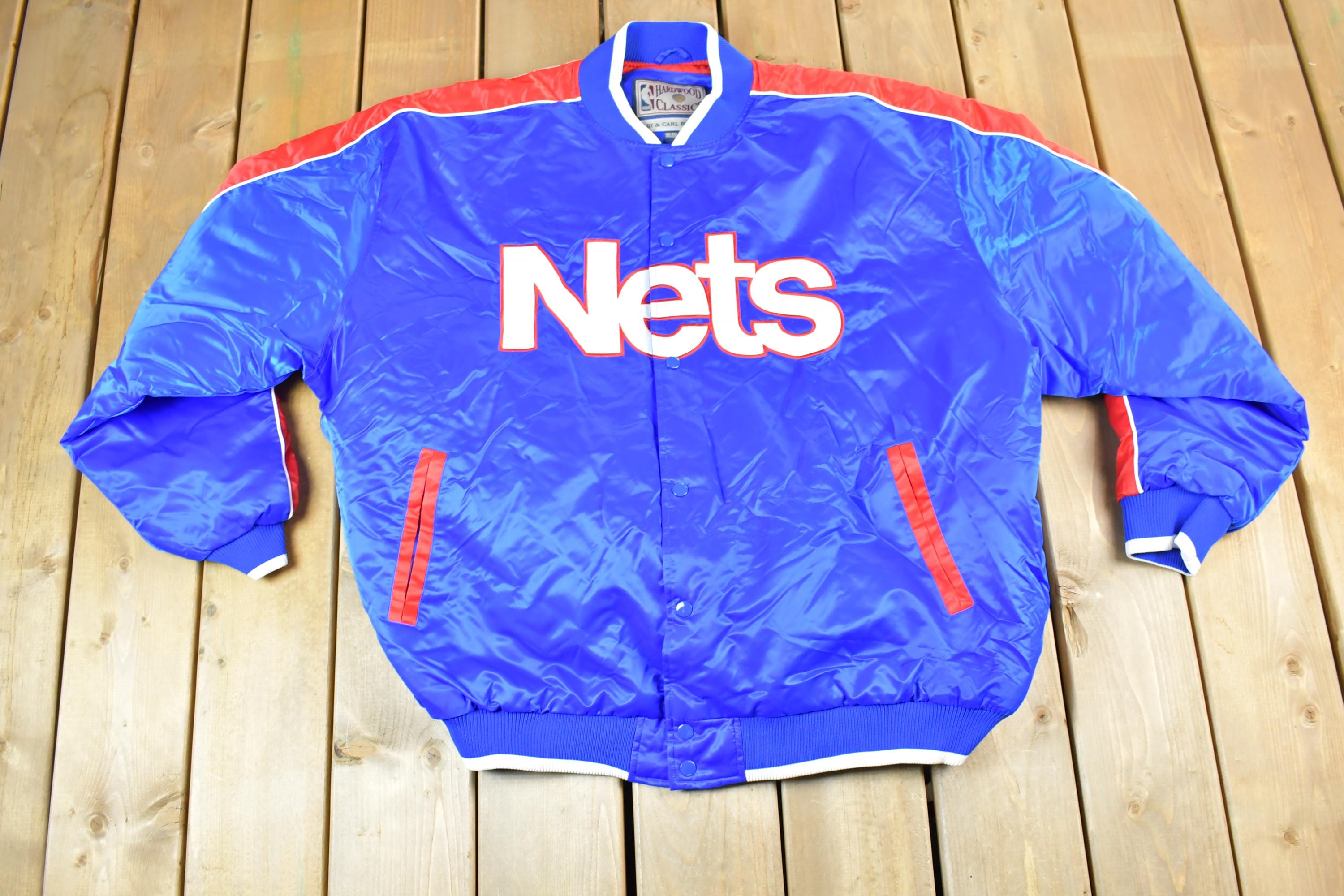 Vintage 1990s New Jersey Nets Hardwood Classics Satin Button Down Puffer Bomber Style NBA Basketball Jacket