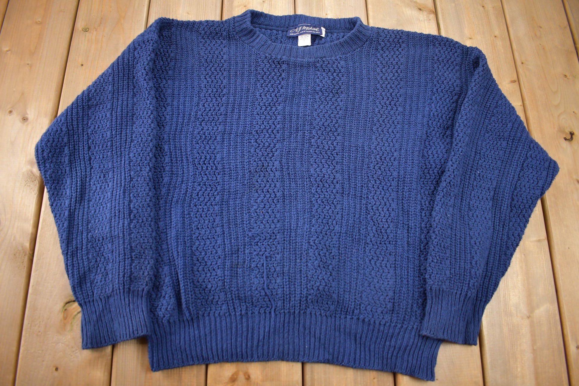 Vintage 1990s 3D Blue Cable Knit Crewneck Sweater / Vintage 90s Crewneck / Made in USA