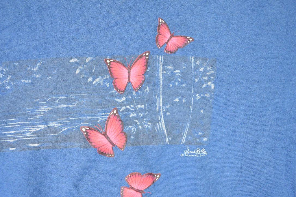 Vintage 1990s Butterfly Floral Graphic Print Collared Sweatshirt Mens L