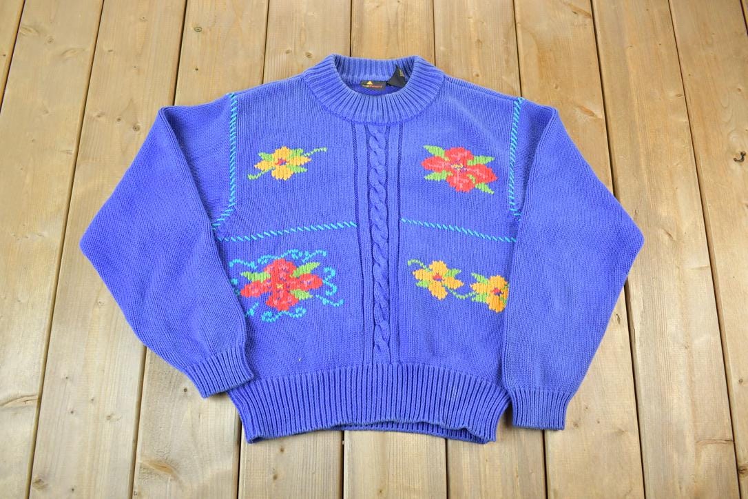 Vintage 1990s Liz Sport Floral 3D Colored Cable Knit Crewneck Sweater / Vintage 90s Crewneck / Abstract Patterns / Streetwear