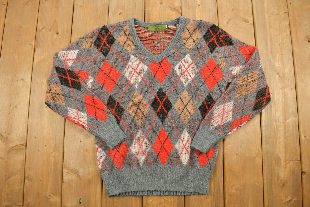 Vintage 1960s Argyle Knit V-Neck Sweater