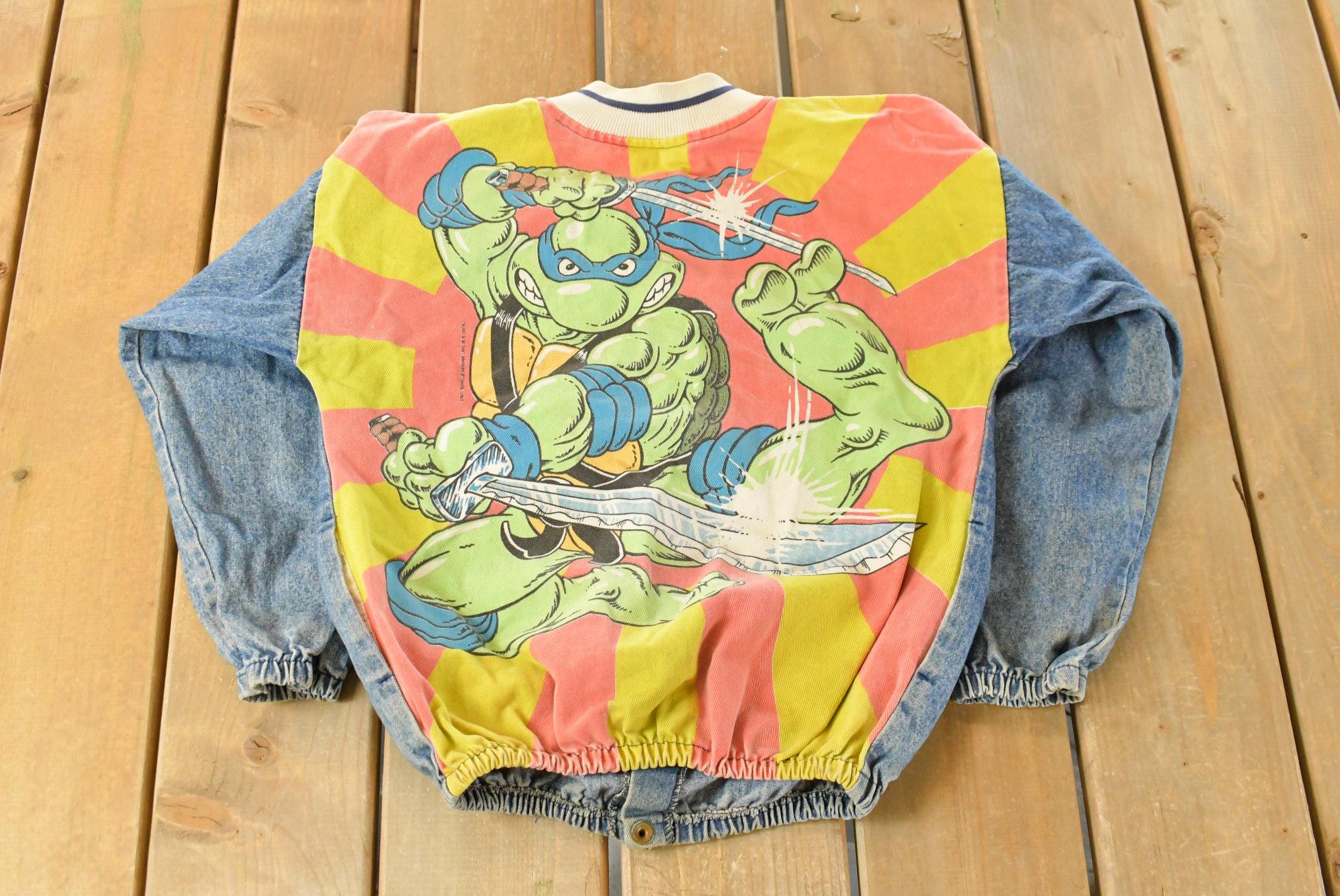 Vintage 1991 Teenage Mutant Ninja Turtles Denim Varsity Jacket Youth M-L