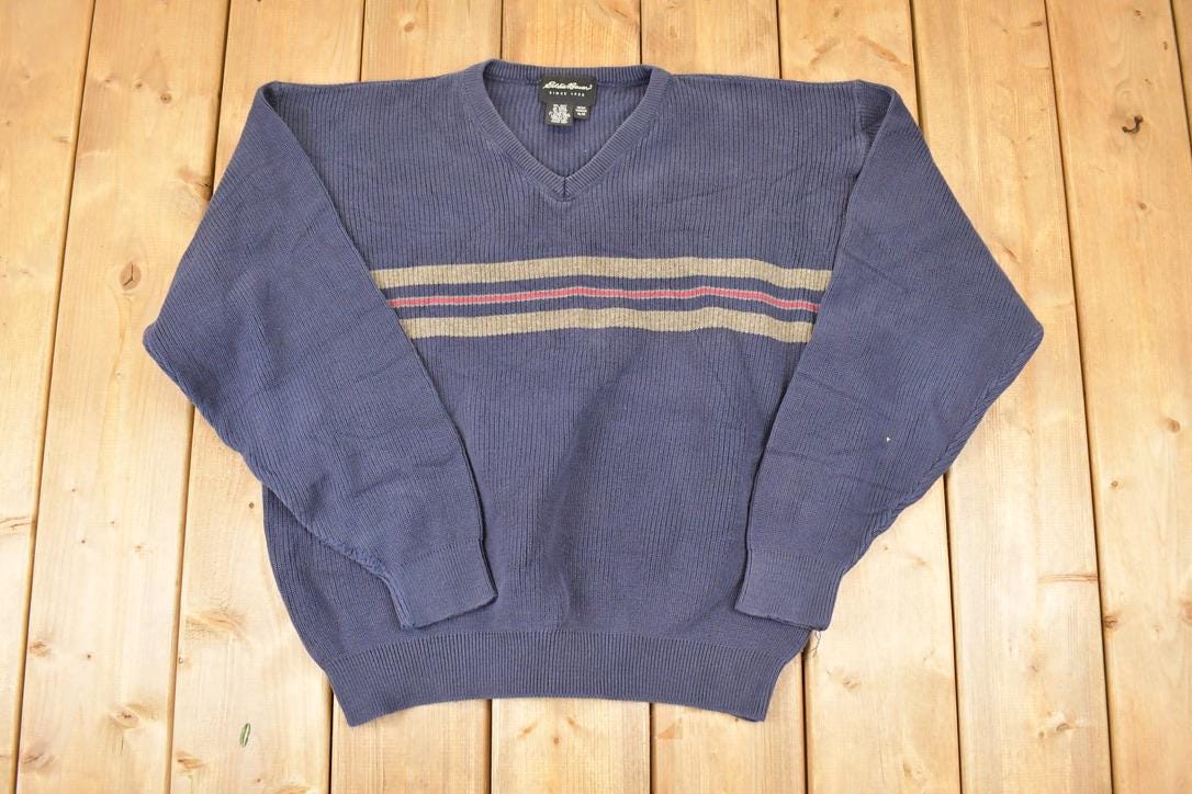 Vintage 1990s Eddie Bauer Knit V Neck Sweater Mens L / 90s Knitted Sweatshirt / Vintage Preppy Knits