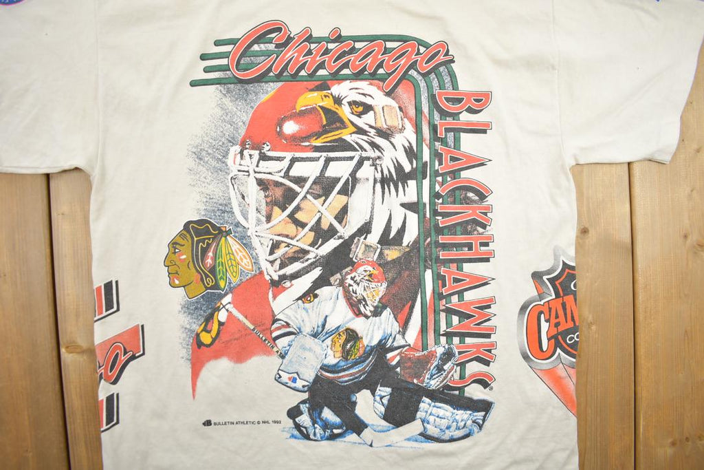 Vintage 1992 Chicago Blackhawks NHL All Over Print Graphic T-Shirt