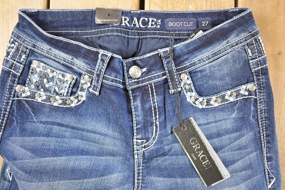 Vintage Deadstock Y2K Grace In LA Bedazzled Low Rise Jeans Women's Size 27 x 32
