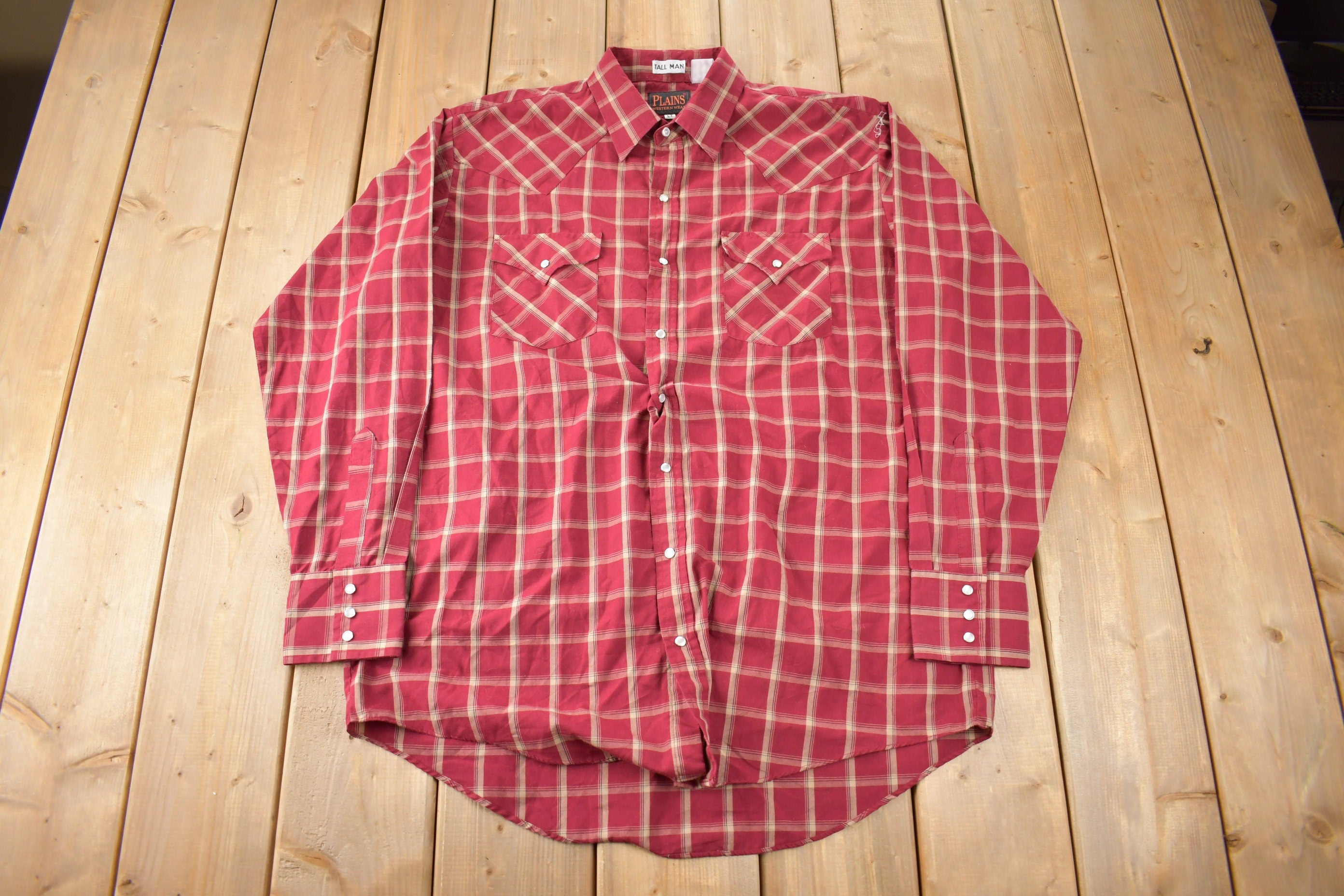 Vintage 1990s Plains Western Wear Plaid Button Up Shirt Size LT