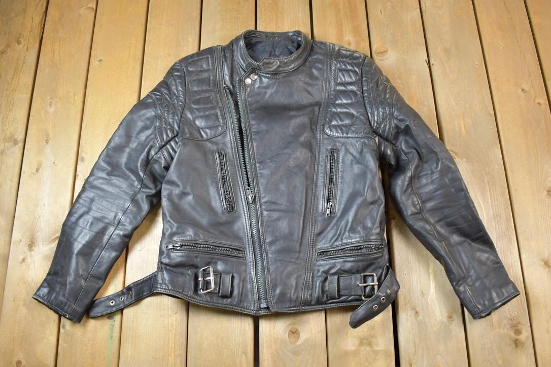 Vintage 1990s Motorcycle Leather Heavy Padded Biker Jacket Made In USA
