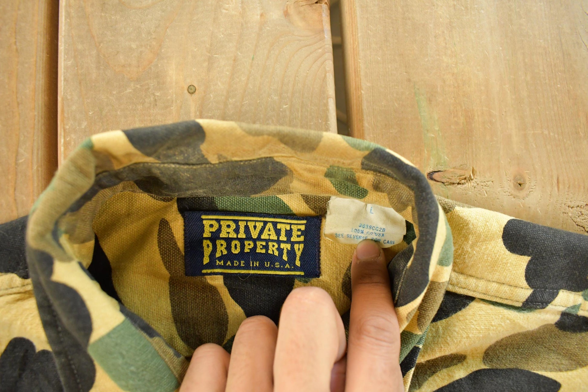 Vintage 1980s Private Property Duck Camo Cloth Button Up Shirt Men's Large / True Vintage / Hunting Shirt / Outdoors / Made In USA