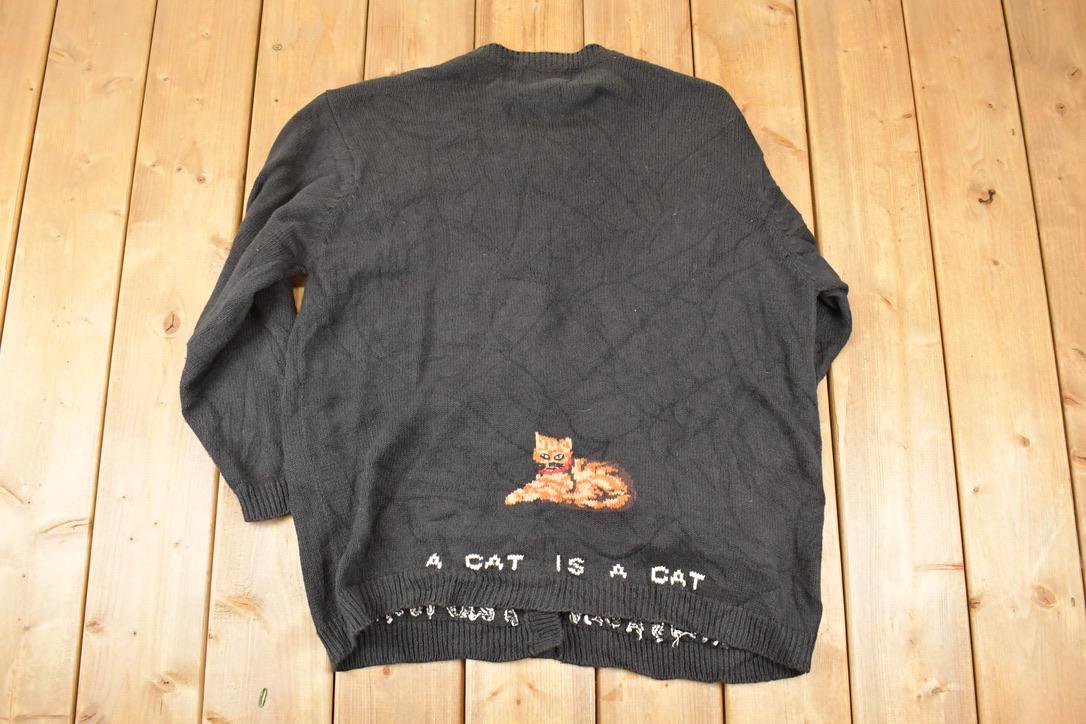 Vintage 1990s The Quacker Factory AOP Embroidered Cat Knit Cardigan Sweater Women's XL  90s Knitted Sweatshirt  Vintage Preppy Knits