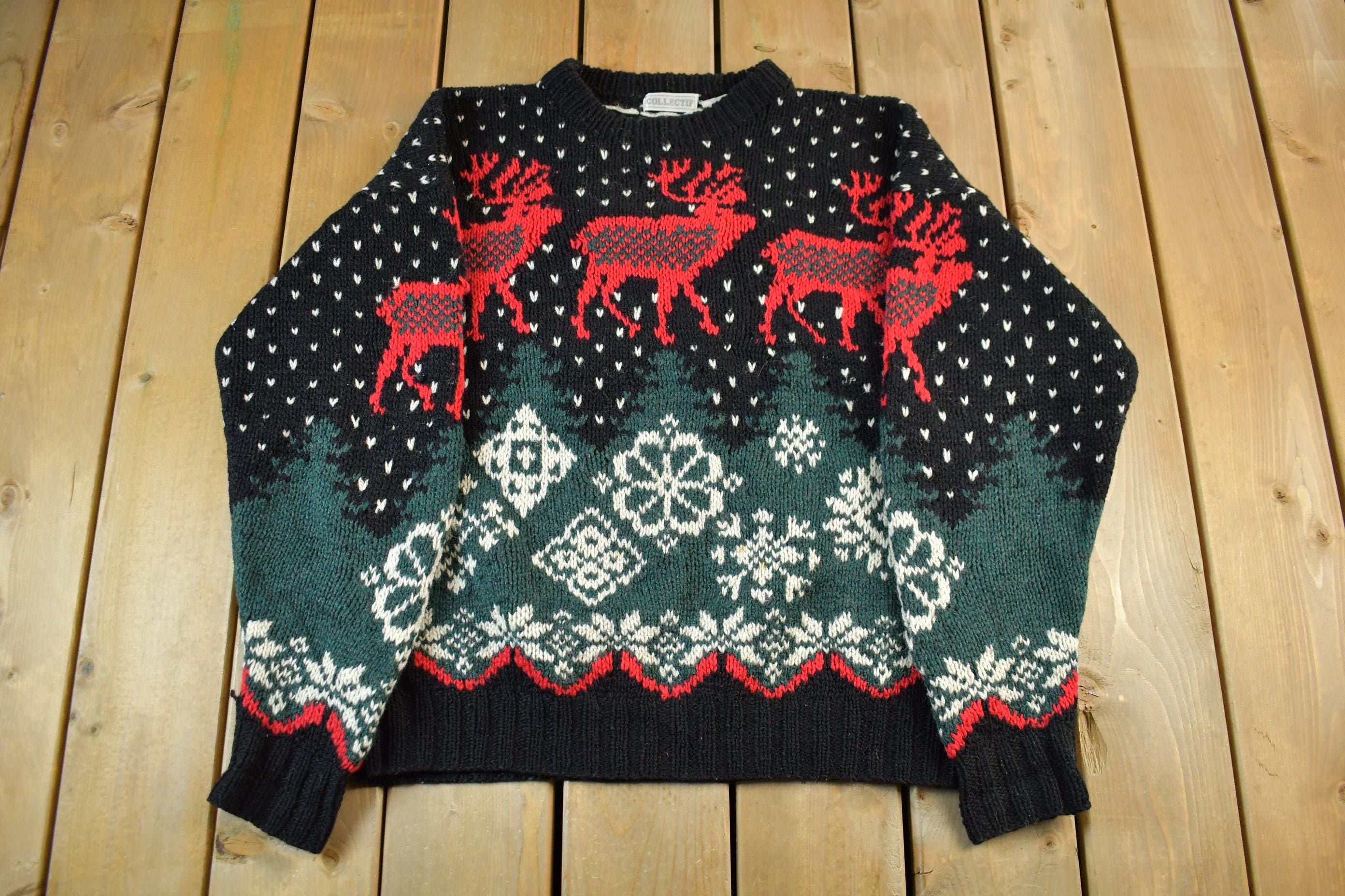 Vintage 1990s Collectif Hand Knit Abstract Pattern Wool Crewneck Sweater Adult Large