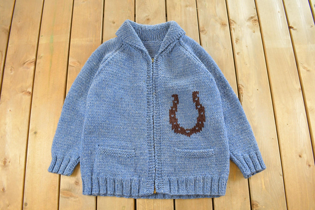 Vintage 1970s Horse Full Zip Hand Knit Cowichan Sweater Men's Medium