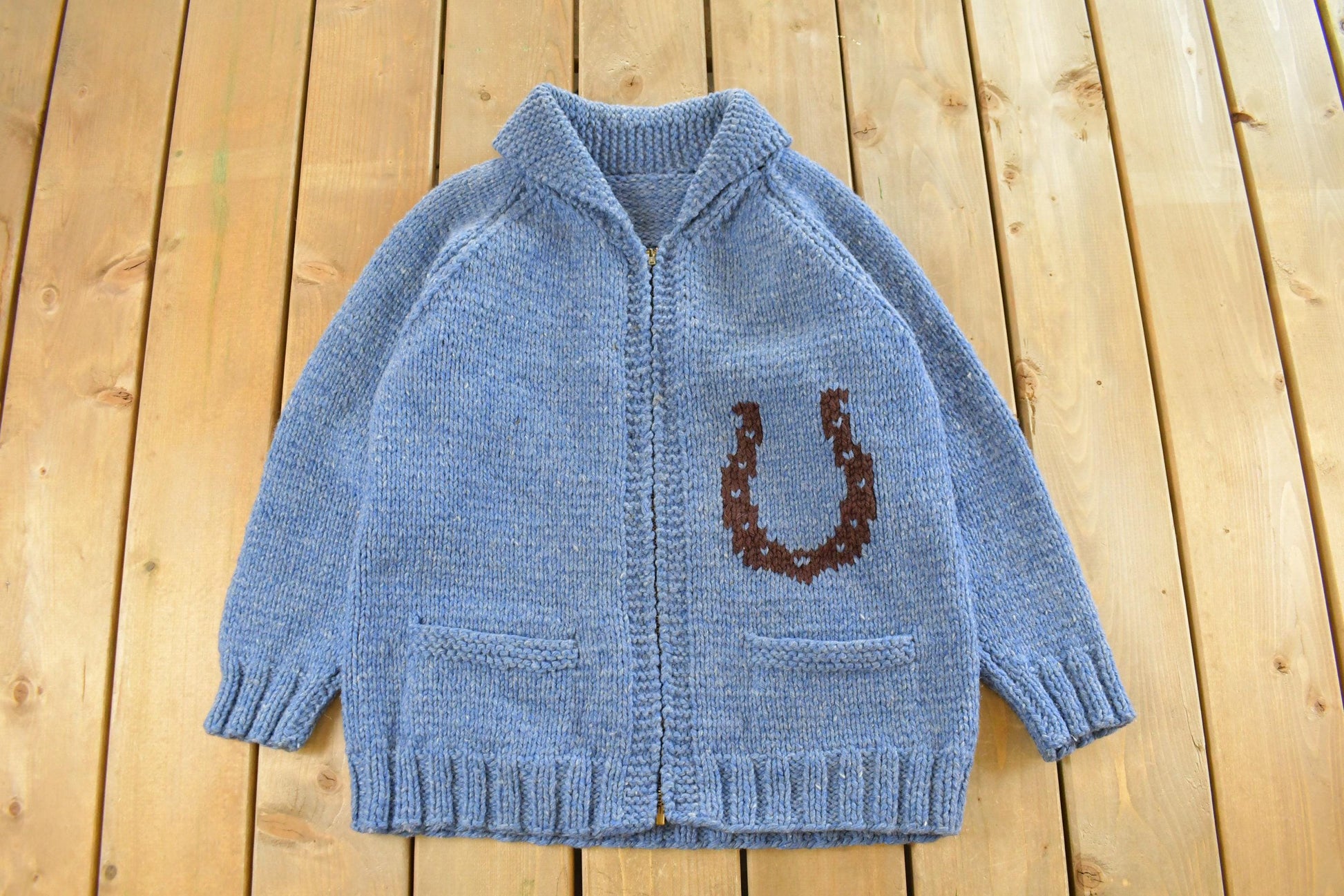 Vintage 1970s Horse Full Zip Hand Knit Cowichan Sweater Men's Medium