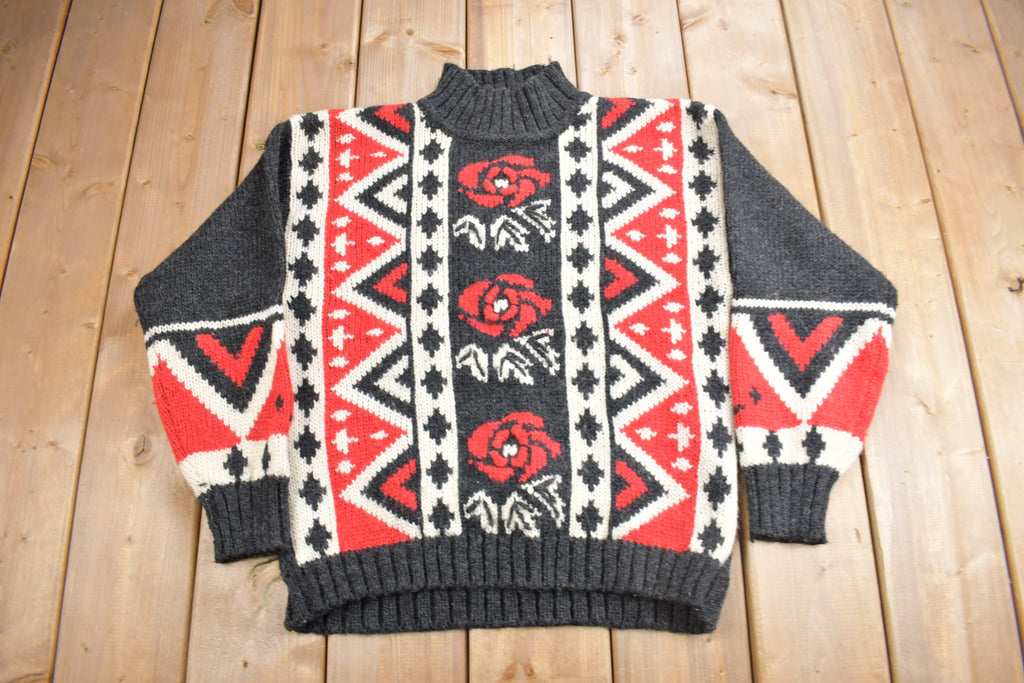 Vintage 1990s Rose Theme Hand Knit Sweater