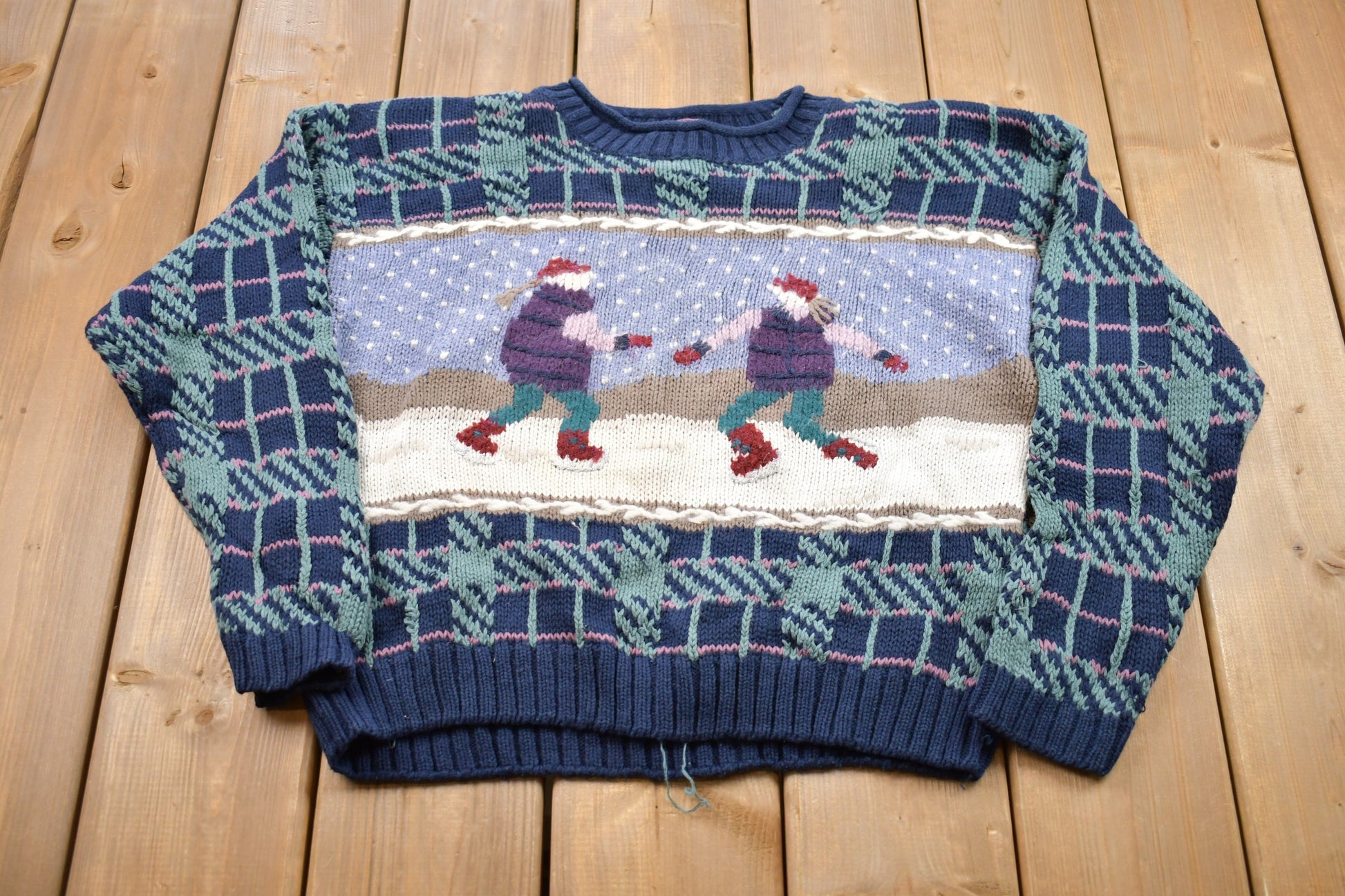 Vintage 1990s Christopher Banks Ice Skating Scene Knit Crewneck Sweater