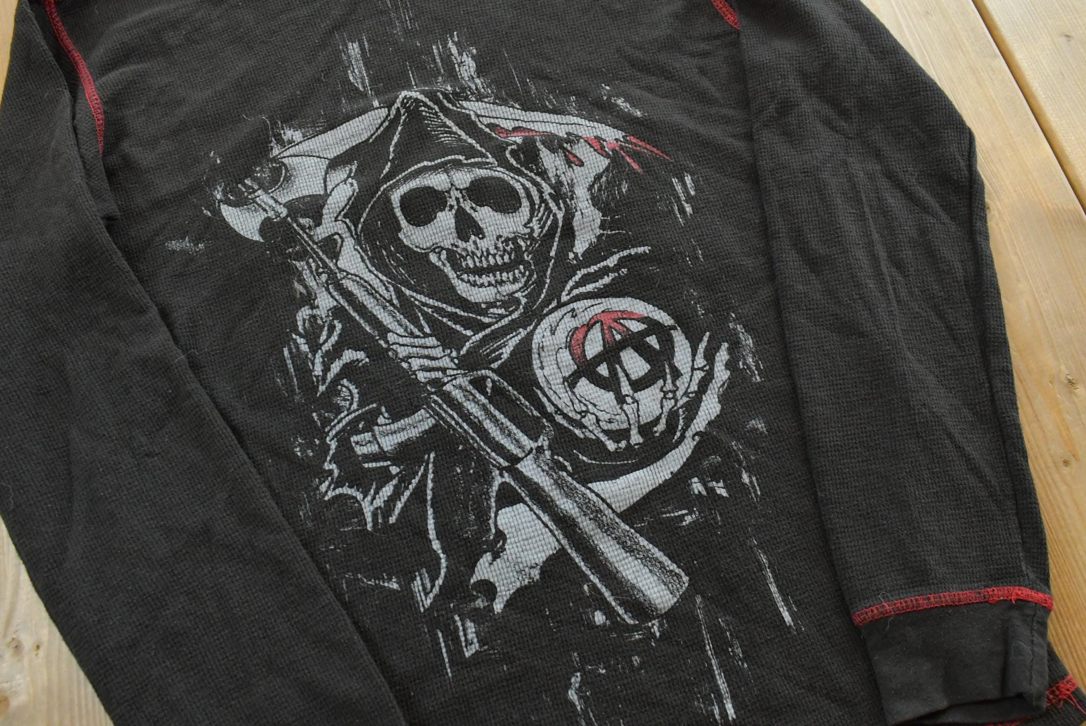 Vintage Y2K Sons of Anarchy Grim Reaper Thermal Knit Long Sleeve Shirt Men's / 2000s Hip Hop Fashion / Y2K Streetwear