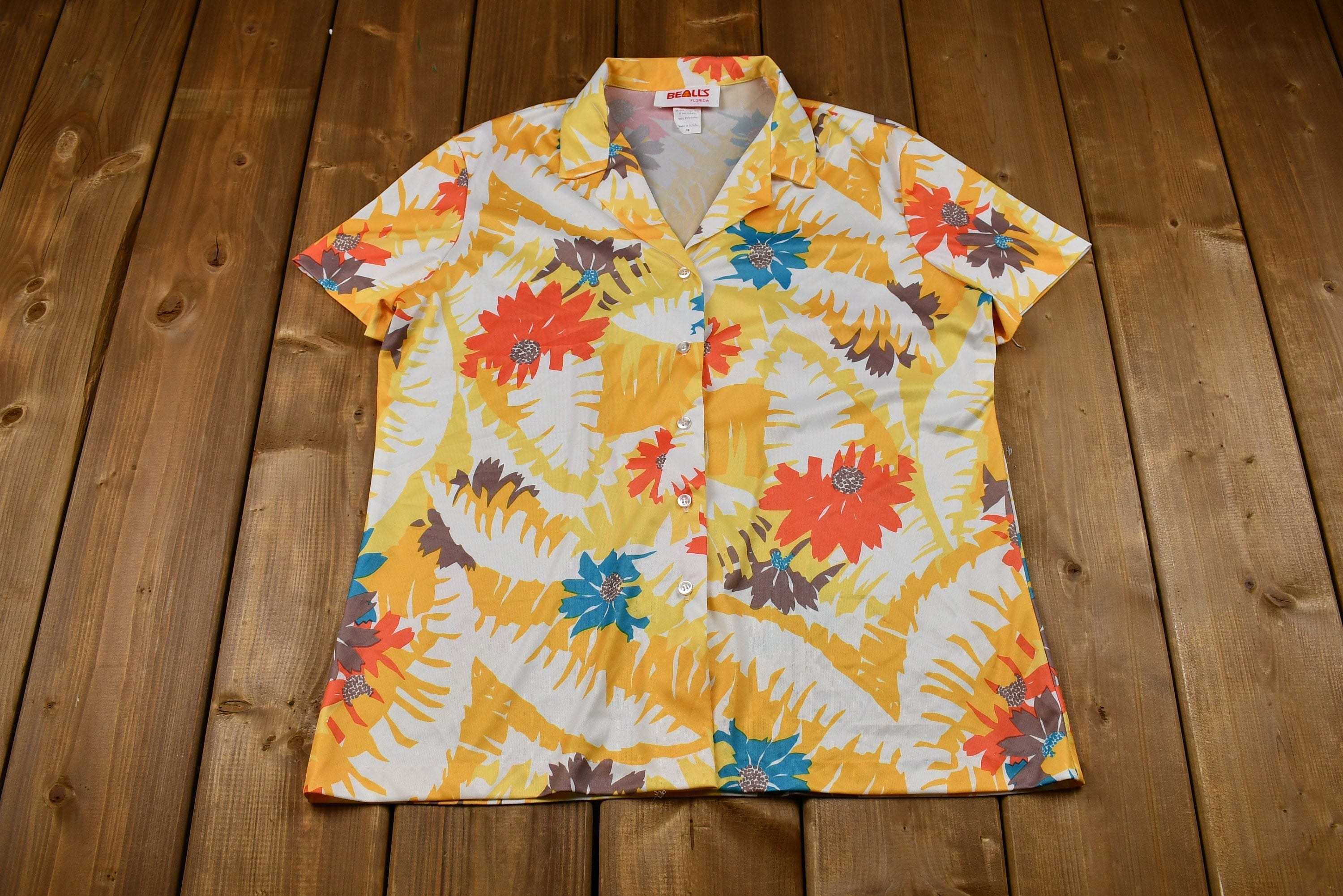 Vintage 1970s Rainbow Abstract Floral Print Button-Up Blouse