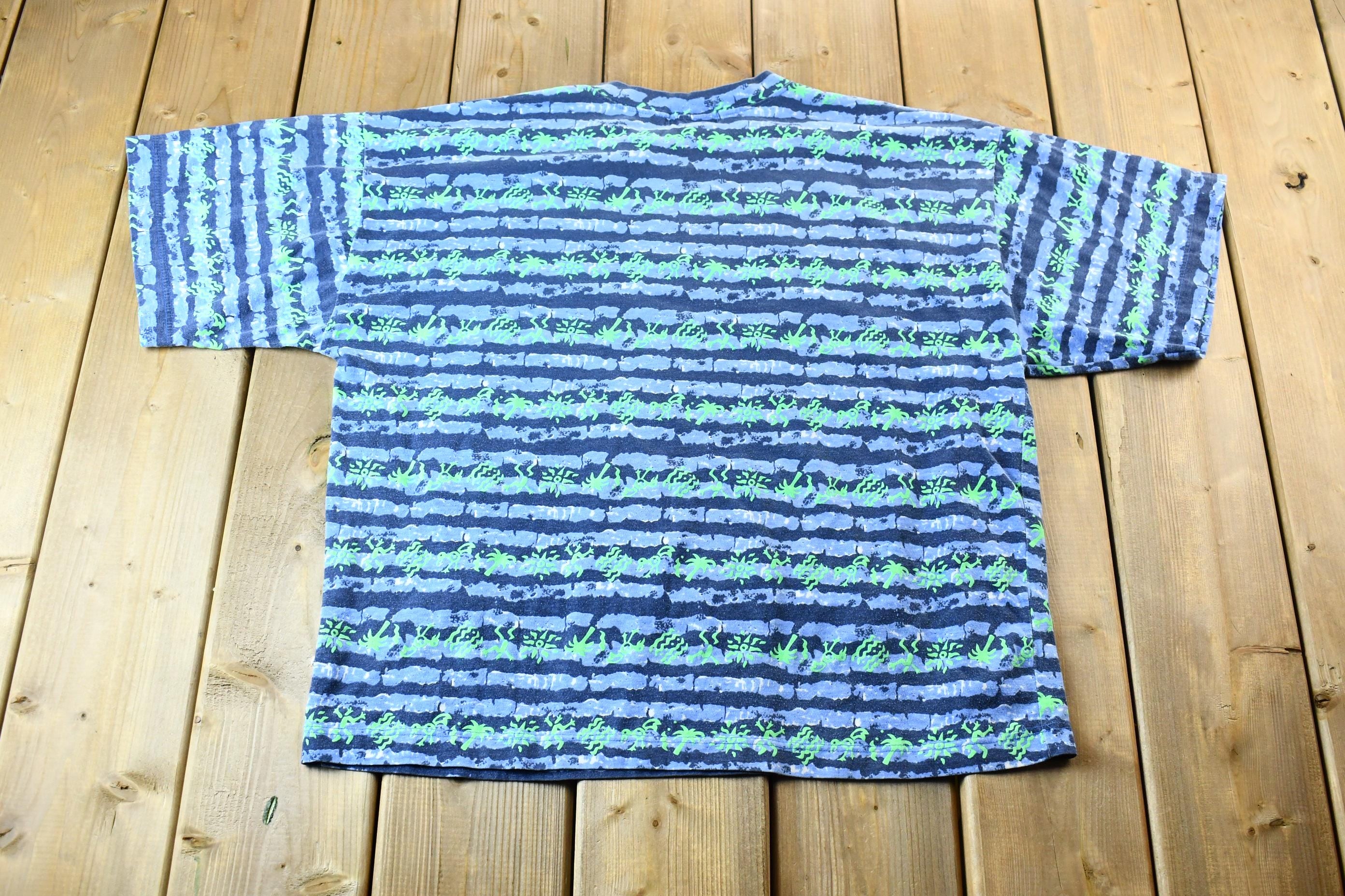 Vintage 1990s Lightning Bolt Blue and Teal Abstract Pattern All-Over-Print Striped Graphic T-Shirt