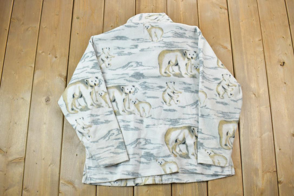 Vintage 1990s All Over Print Holiday Lodge Polar Bear Family Print Full Zip Fleece Sweater