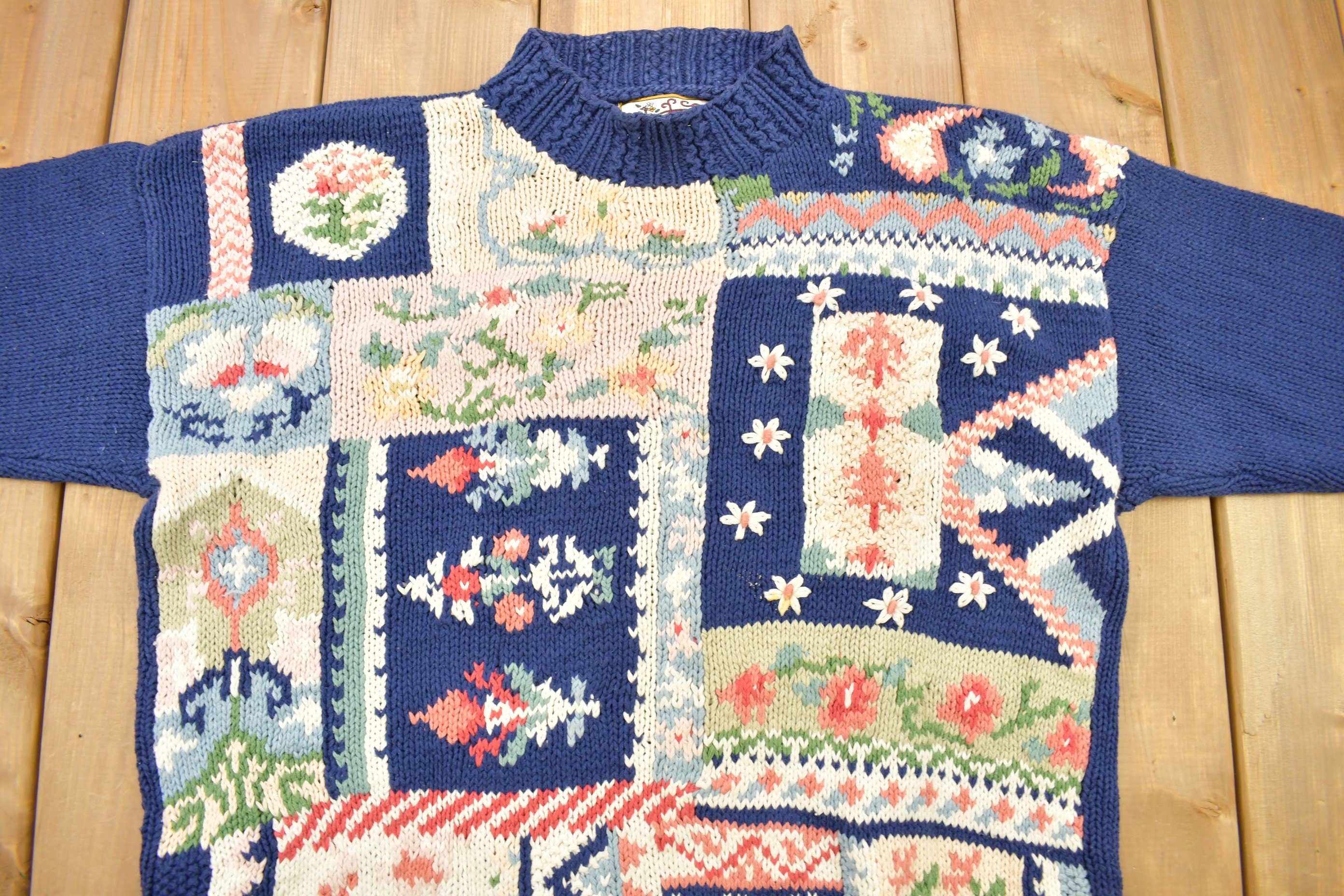 Vintage 1990s Heirloom Collectibles Patchwork Knitted Sweater