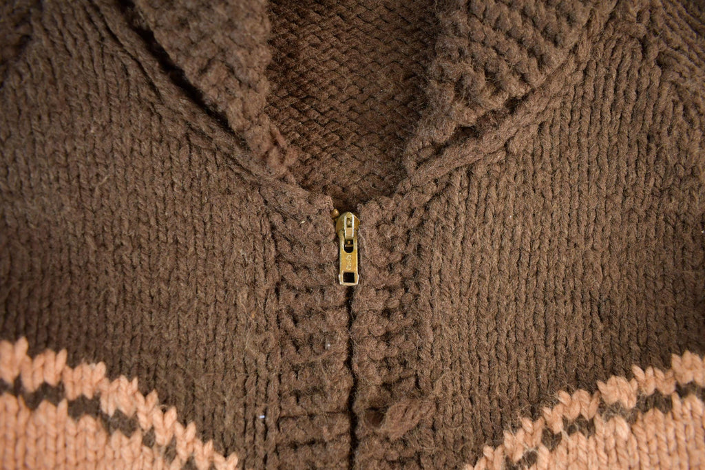 Vintage 1960s Cowichan Hand Knit Shawl Collar Zip Up Sweater Women's Medium
