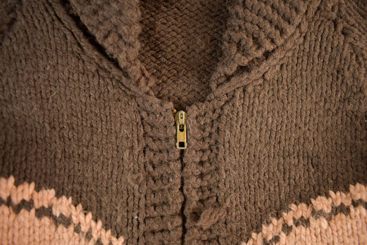 Vintage 1960s Cowichan Hand Knit Shawl Collar Zip Up Sweater Women's Medium