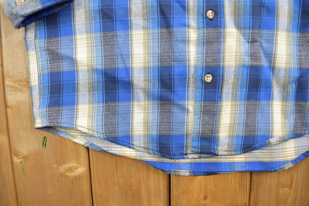 Vintage 1990s Melton Wintermaster Button Up Shirt / Blue Plaid Pattern Print / Outdoors & Wilderness / Fall Winter / Make In USA