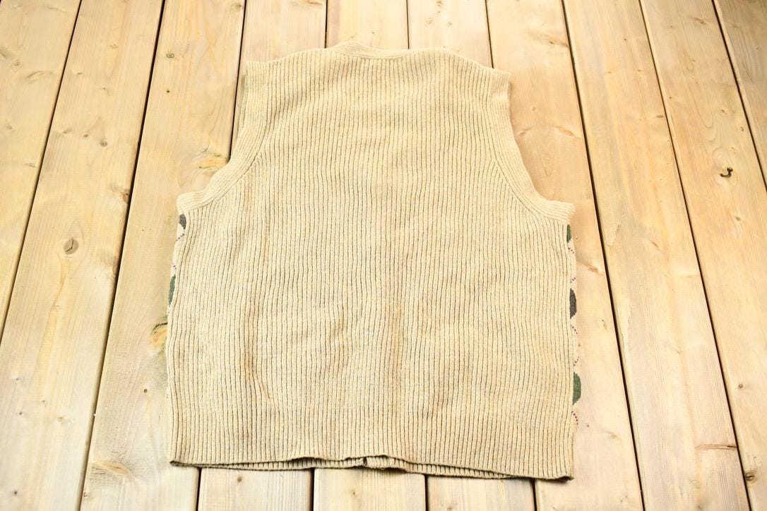 Vintage 1990s Argyle Land's End Knit V-Neck Ribbed Cardigan Sweater Vest