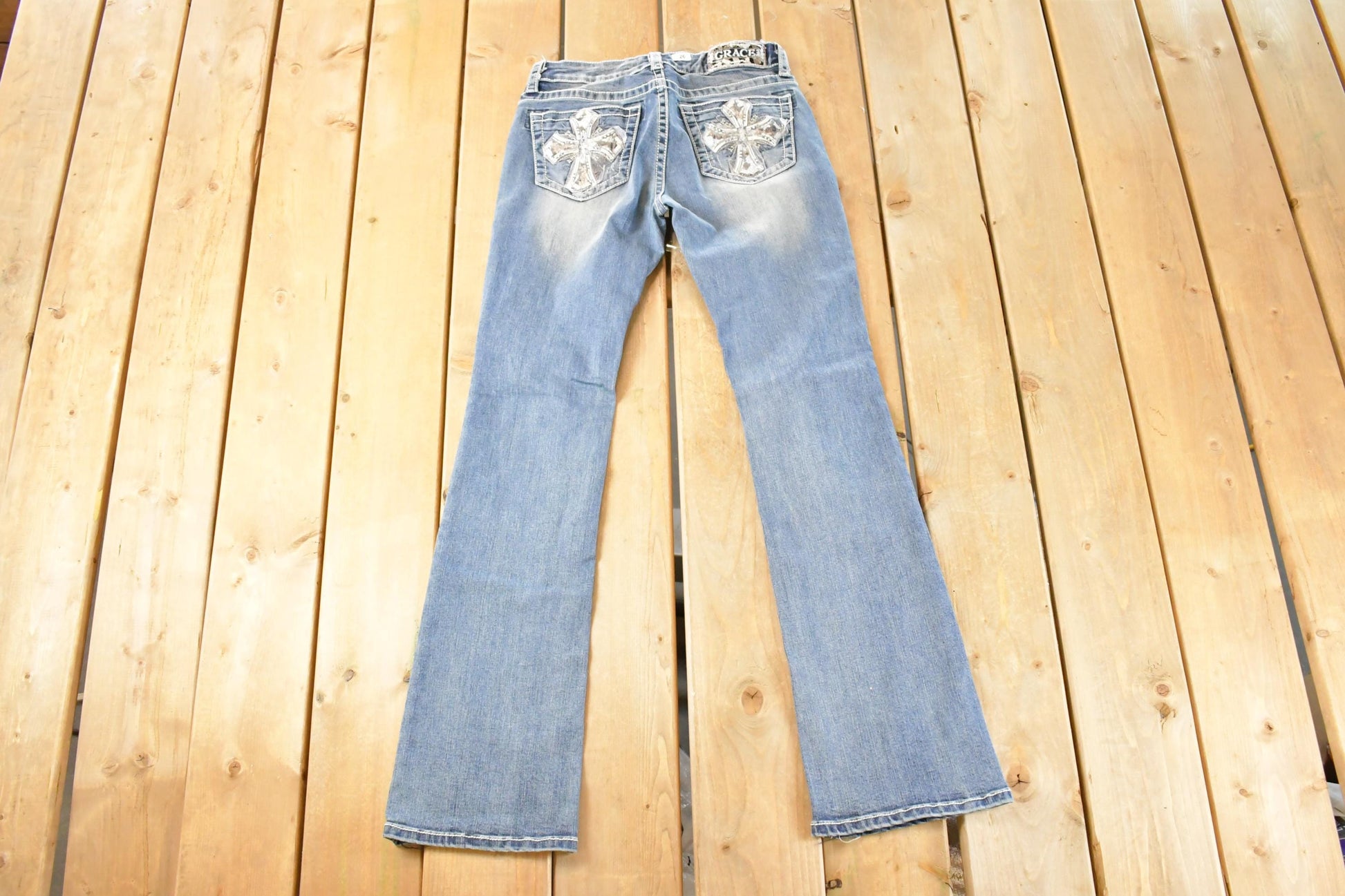 Vintage Deadstock Y2K Grace In LA Bedazzled Cross Bootcut Low Rise Jeans Women's Size 26 x 32