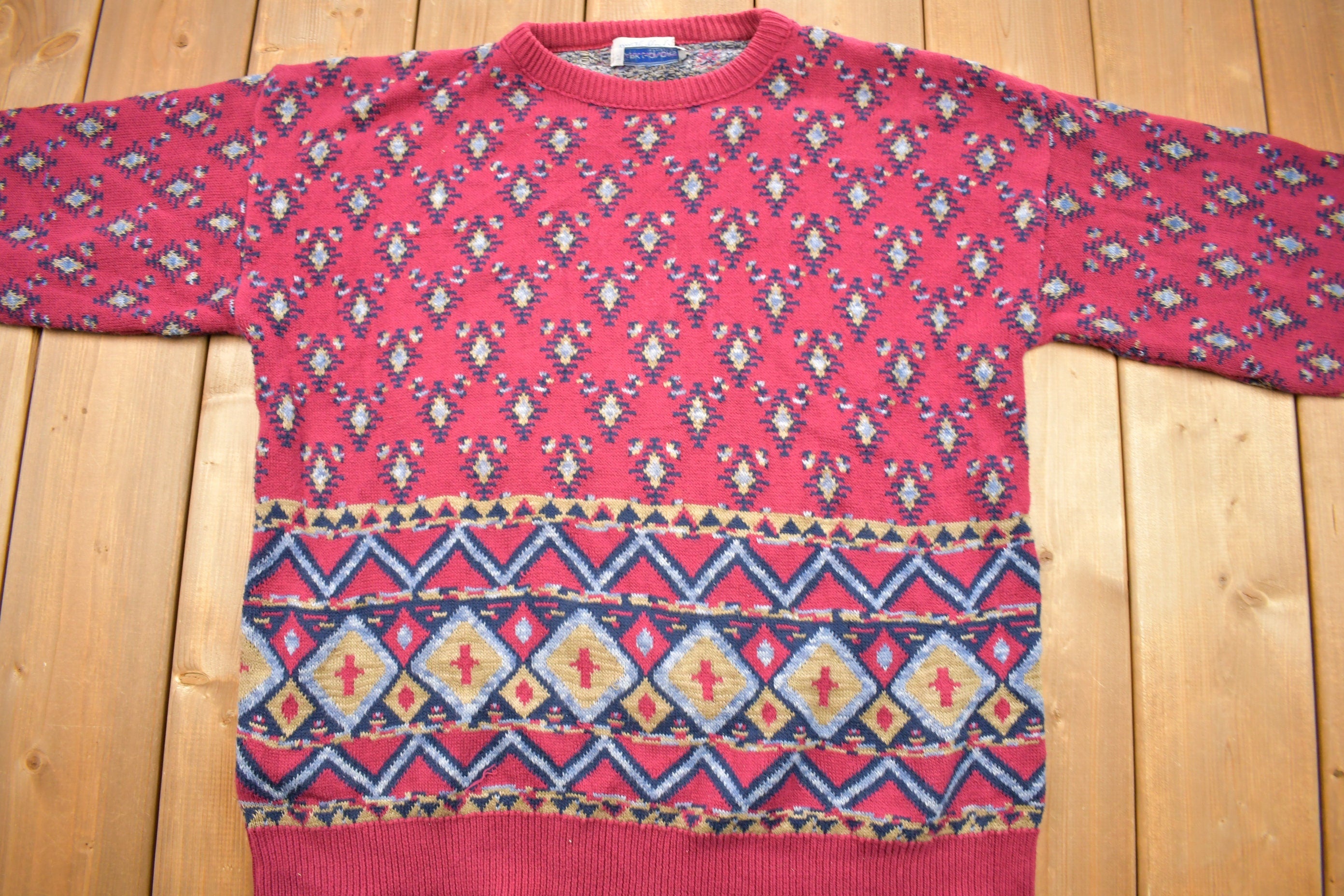 Vintage 1980s Mark Honors All Over Pattern Knitted Crewneck Sweater  Vintage 90s Crewneck  Made In USA