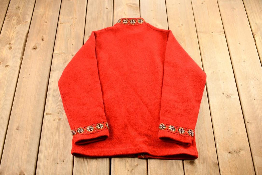 Vintage 1990s Norman 100% Virgin Wool Knit Red Full Zip Up Sweater