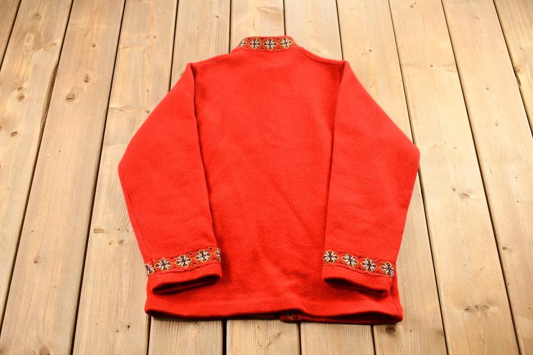 Vintage 1990s Norman 100% Virgin Wool Knit Red Full Zip Up Sweater