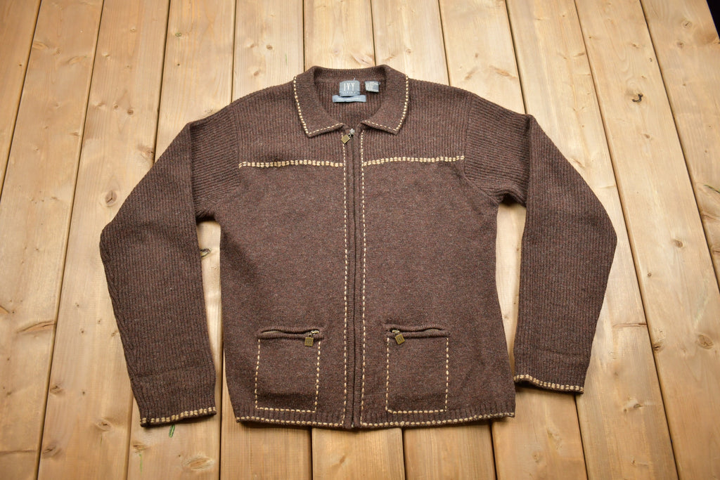 Vintage 1990s Ivy Living Wool Zip Up Hand Embroidered Sweater