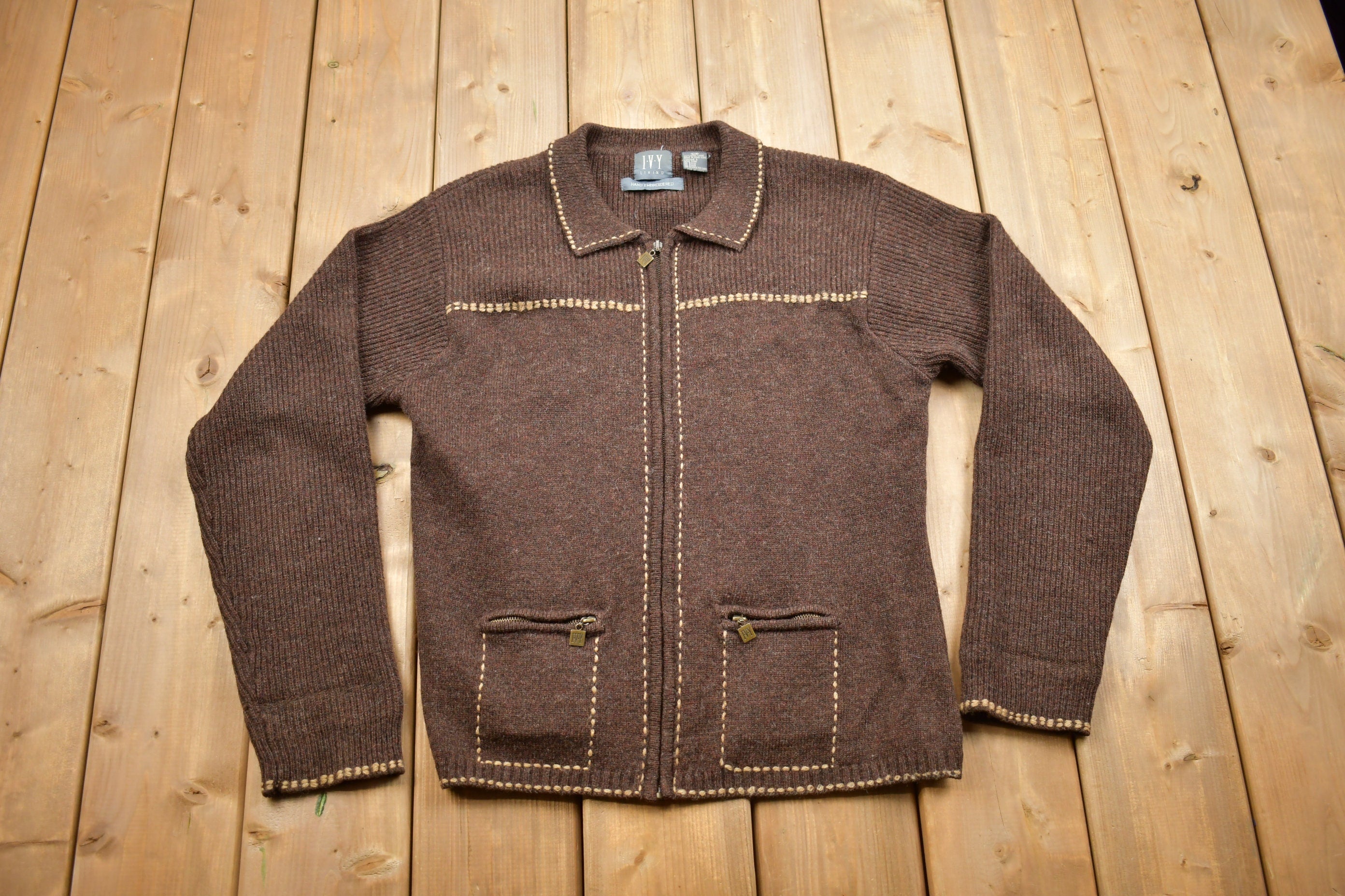 Vintage 1990s Ivy Living Wool Zip Up Hand Embroidered Sweater