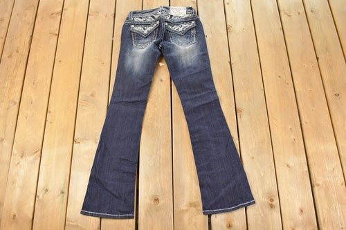 Vintage Deadstock Y2K Miss Me Bedazzled Low Rise Jeans Women's Size 26x31 / Boot Cut Jeans / 2000's Embroidered Contrast Stitched Denim