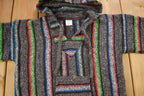 Vintage 1990s Artesania Hooded Pullover Striped Knit Poncho Blanket Hoodie