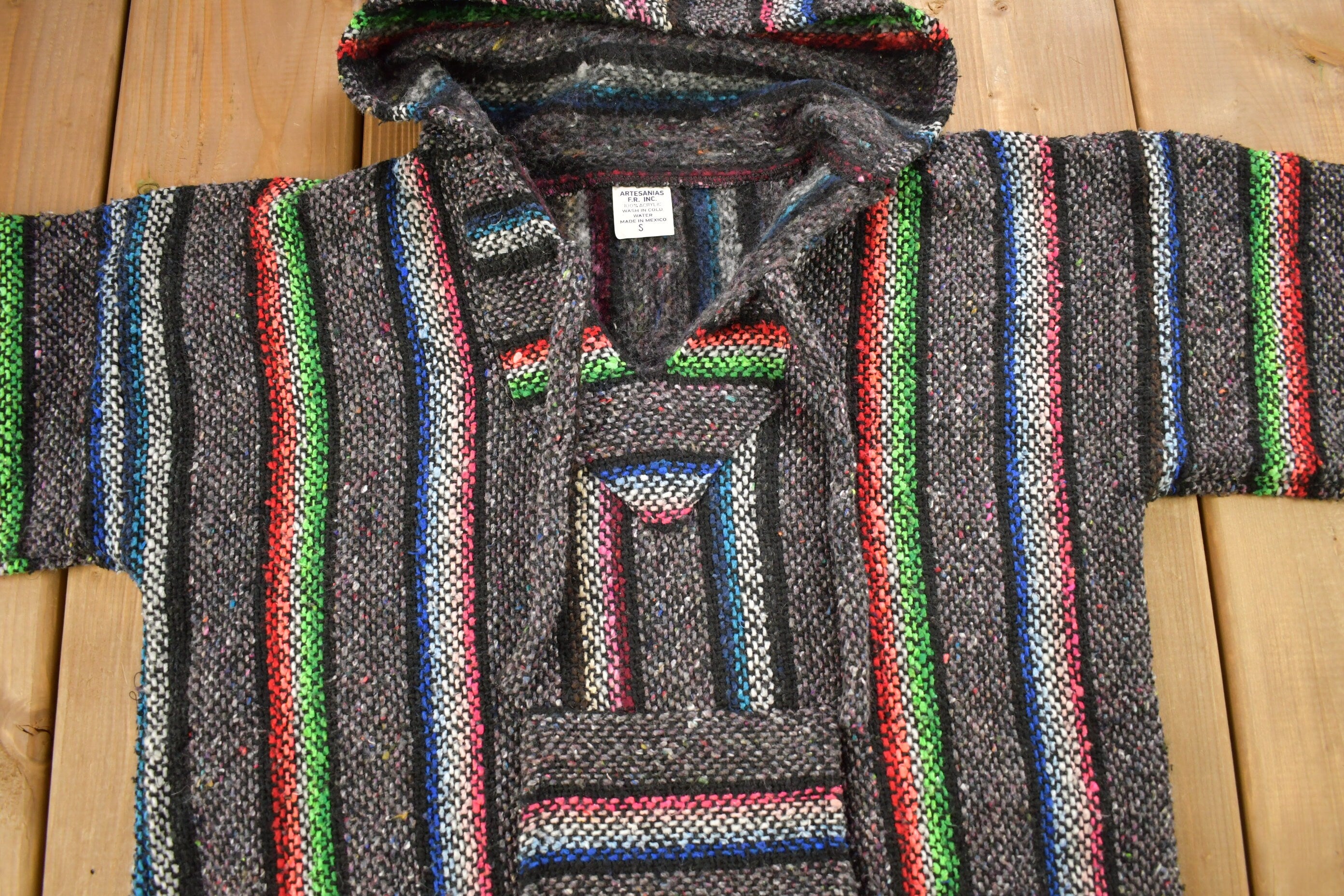 Vintage 1990s Artesania Hooded Pullover Striped Knit Poncho Blanket Hoodie