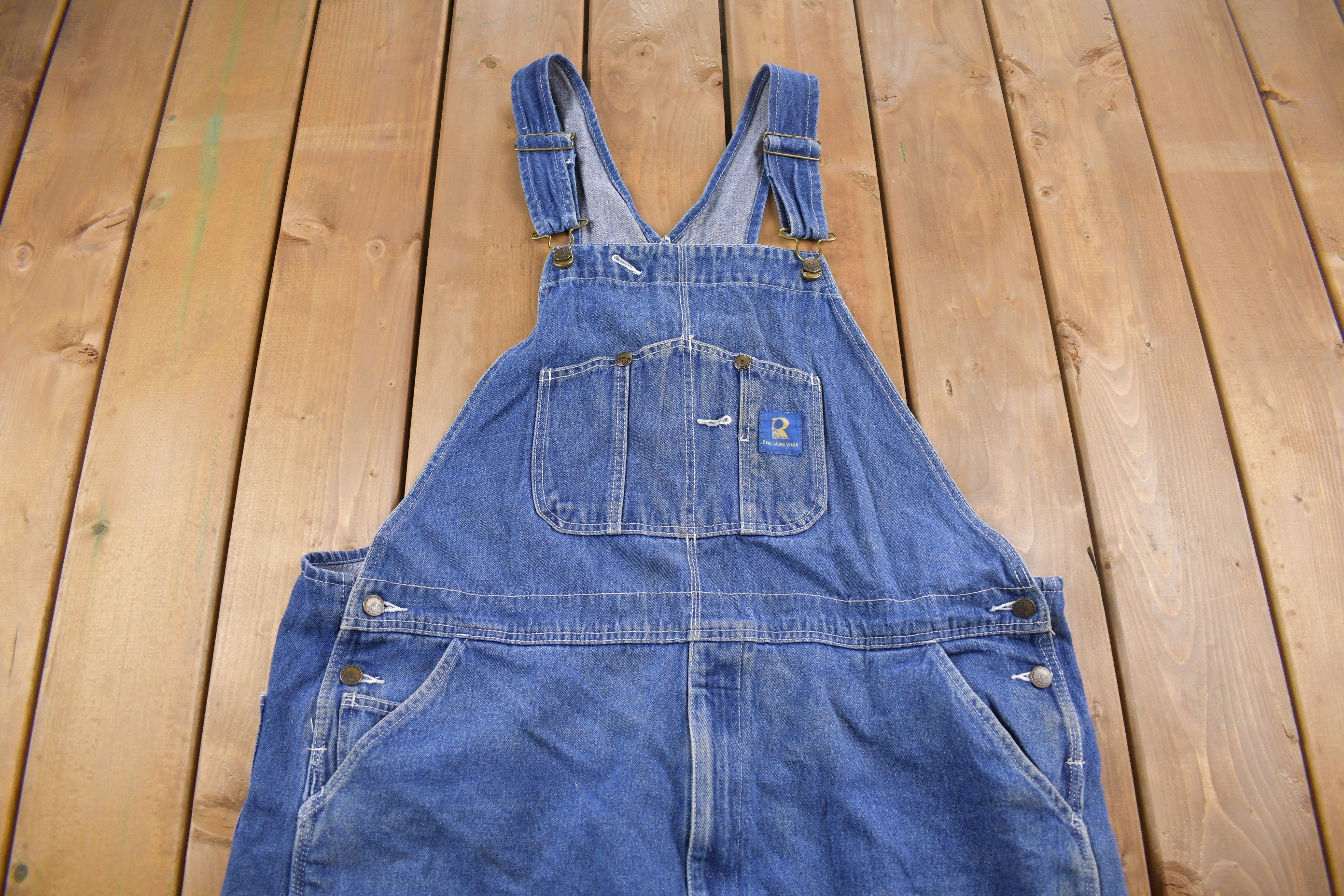 Vintage 1990s Real Work Wear Blue Denim Jean Overalls Size 46 Waist 27 Inch Inseam