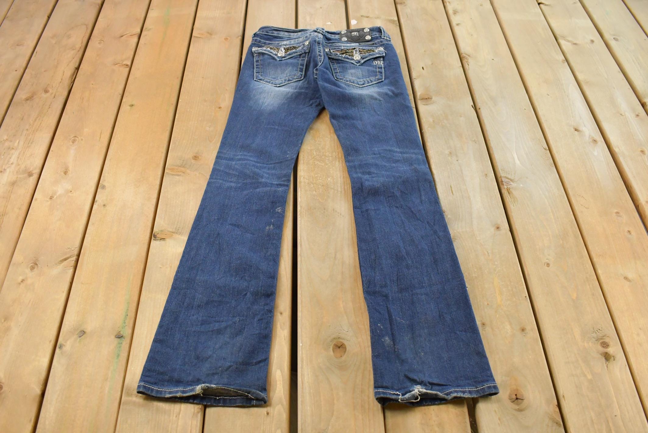 Vintage Y2K Miss Me Bedazzled Low Rise Jeans Women's 27 x 33 / Boot Cut Jeans / Y2K Style / Embroidered Jeans / 2000s / Contrast Stitching