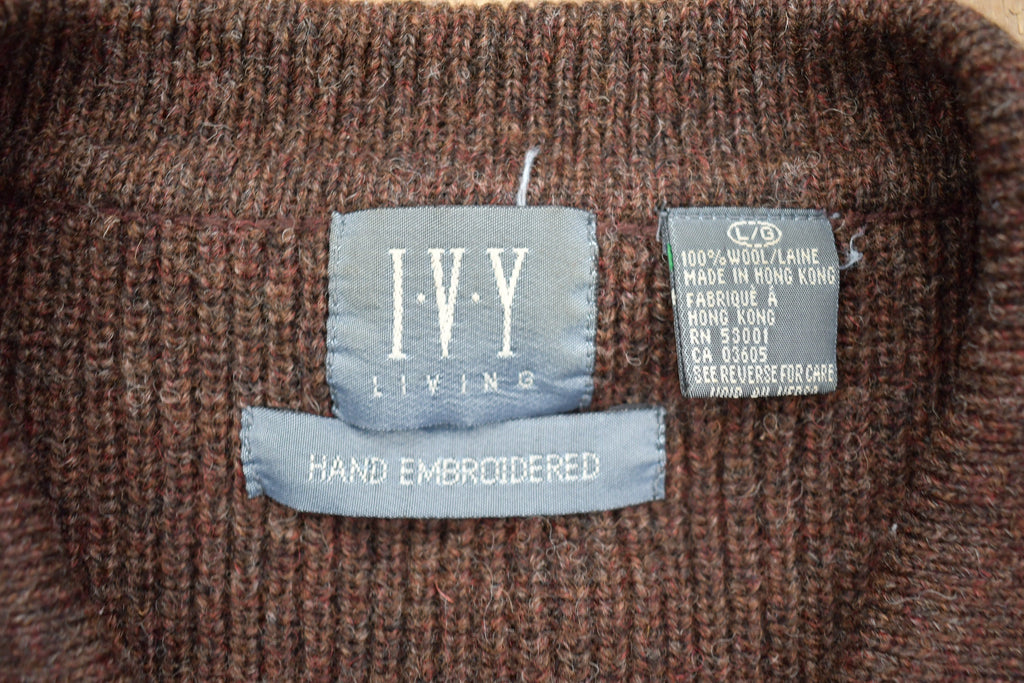Vintage 1990s Ivy Living Wool Zip Up Hand Embroidered Sweater