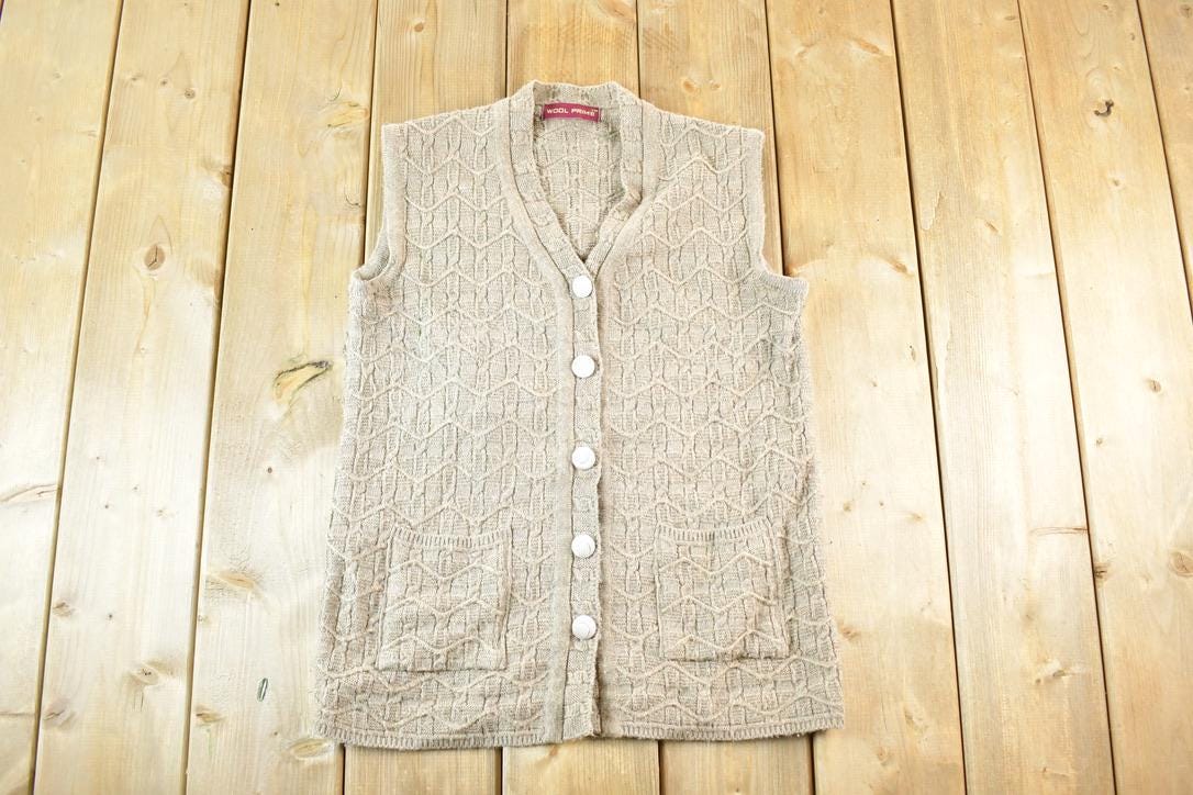 Vintage 90s Wool Knit Cardigan Vest - Chunky Button Up