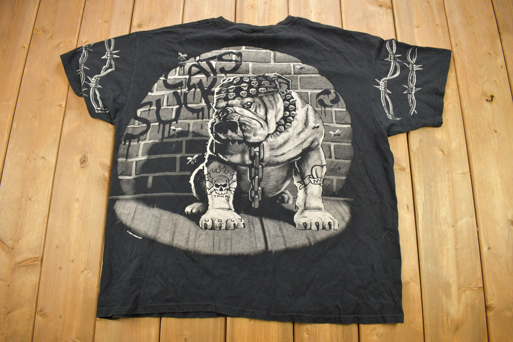 Vintage 1996 Bulldog All Over Print Liquid Blue Graphic T Shirt