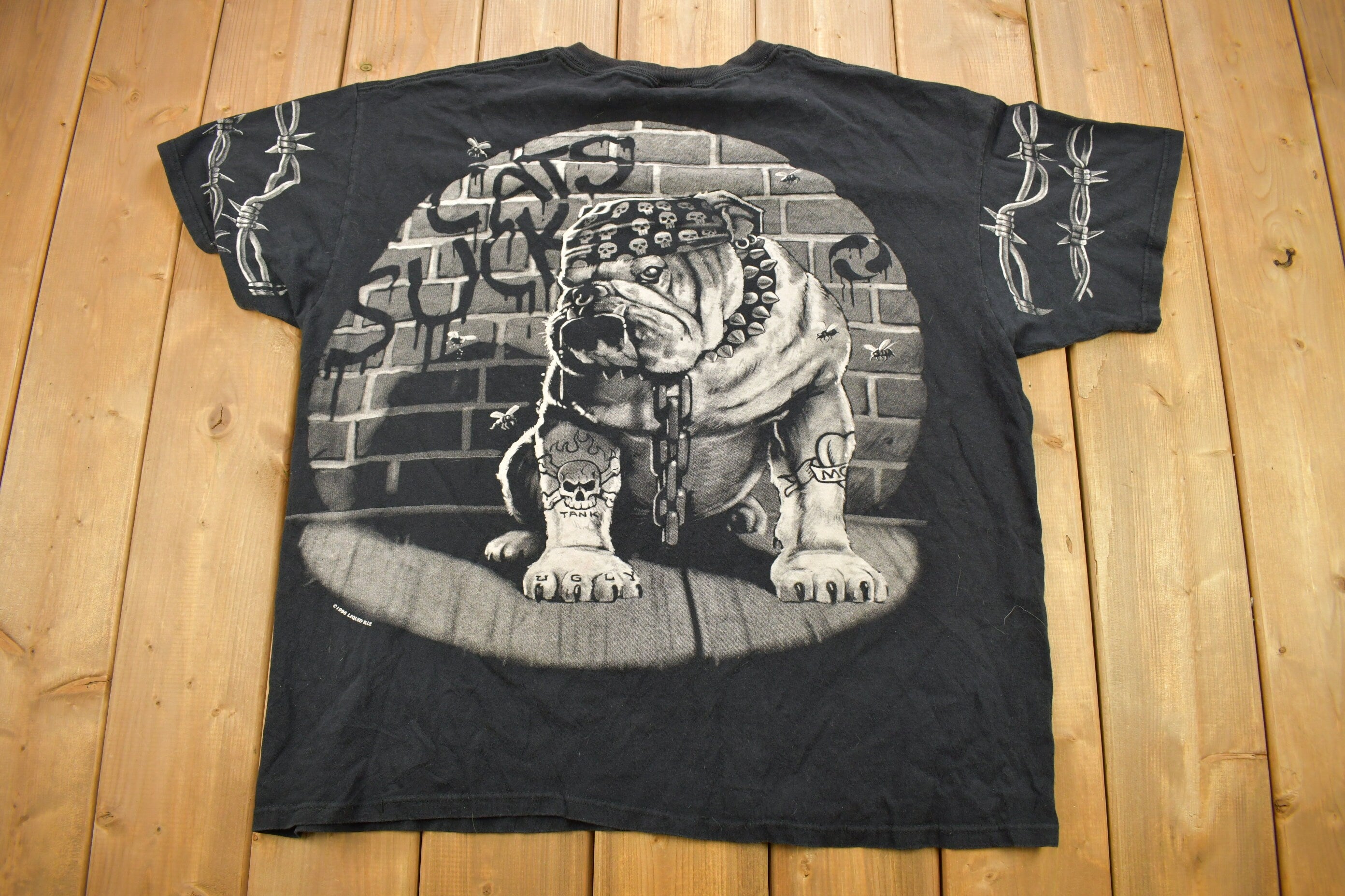 Vintage 1996 Bulldog All Over Print Liquid Blue Graphic T Shirt