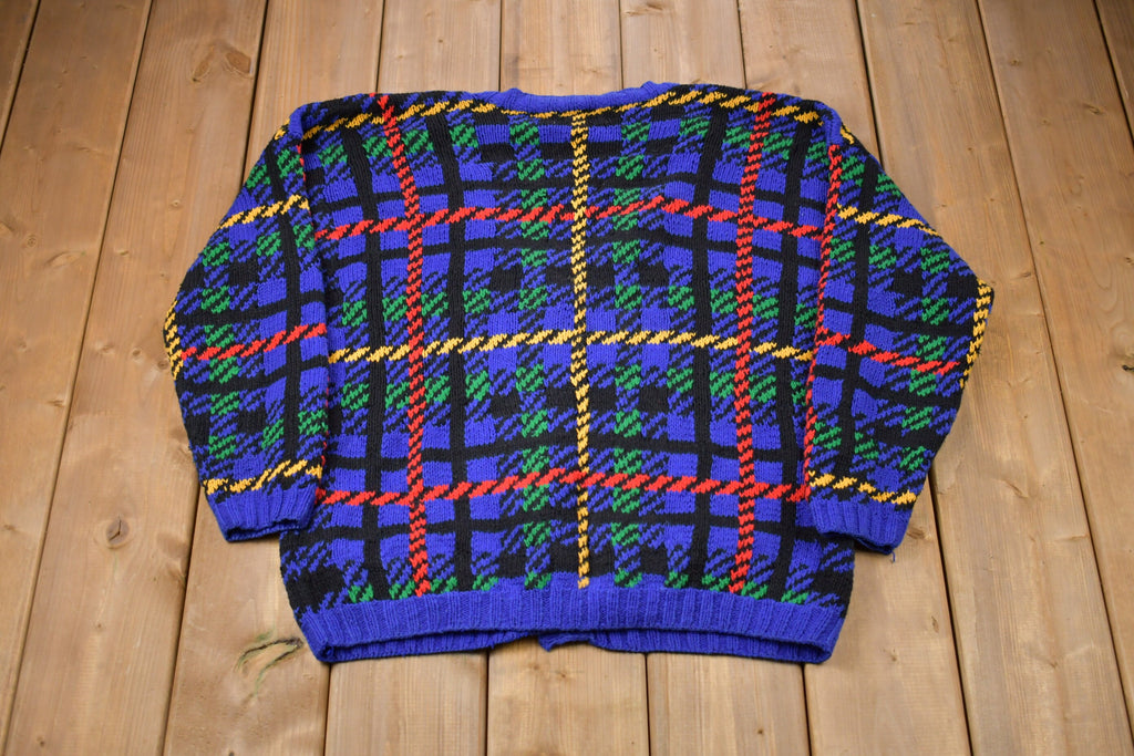 Vintage 1990s Izod Plaid Knitted Sweater  Vintage 90s Cardigan  Pattern Sweater  Outdoor  Hand Knit  Vintage Izod