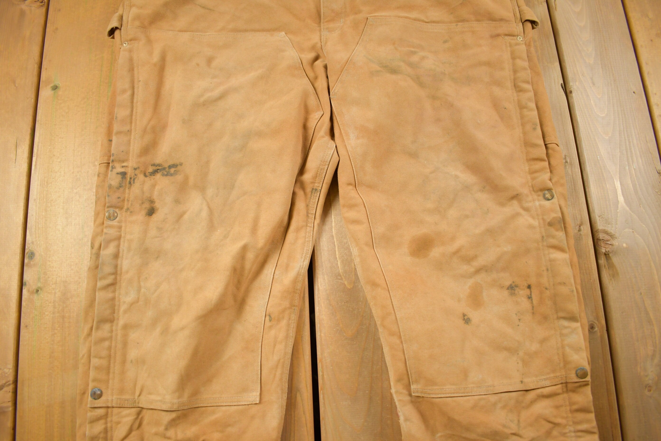 Vintage 1990s Carhartt Beige Double Knee Canvas Quilted Overalls Size 46 x 30