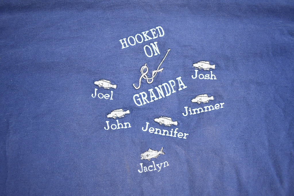 Vintage 1990s Custom Grandpa & Grandkids Fishing Theme Embroidered T Shirt