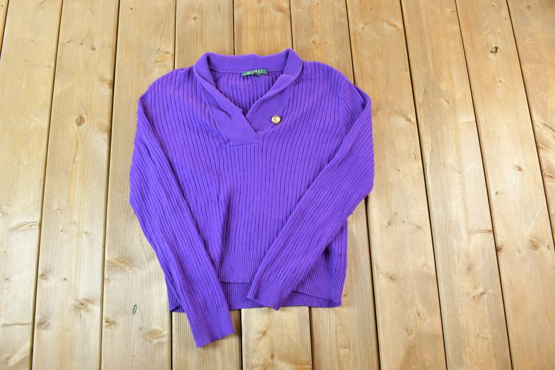 Vintage 1990s Lauren Ralph Lauren Knit Shawl Neck Gold Button Sweater