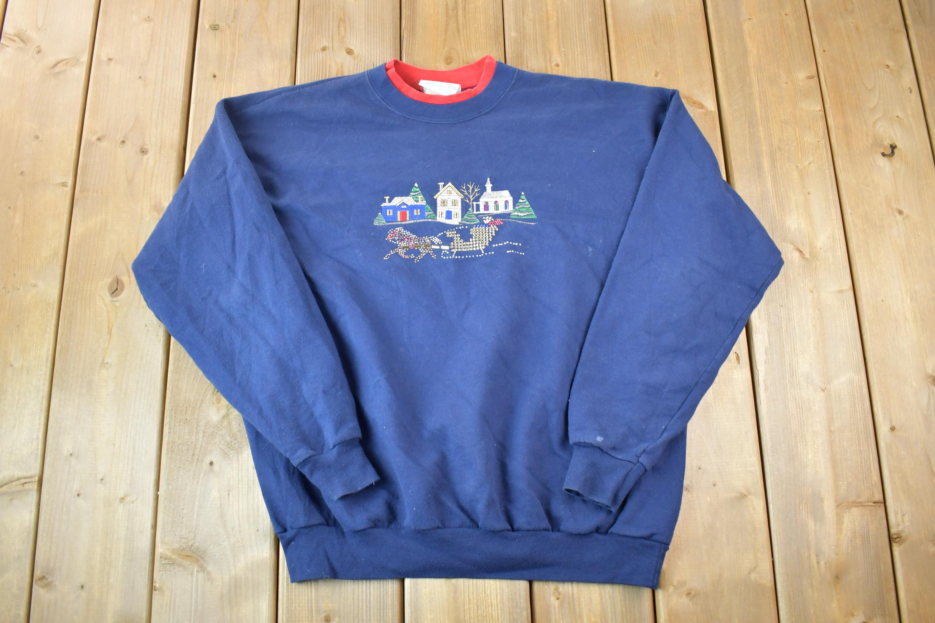 Vintage 1990s Winter Sleigh Double Collar Cute Crewneck Sweater