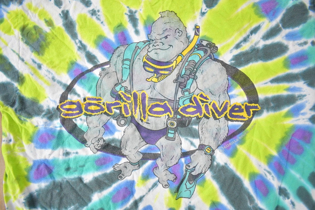 Vintage 1990s Gorilla Diver Tye Dye T-Shirt Made In USA