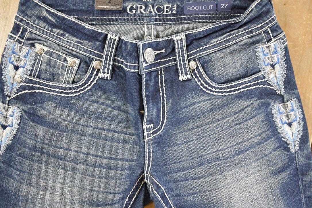 Vintage Deadstock Y2K Grace In LA Bedazzled Bootcut Low Rise Jeans Women's Size 26 x 32