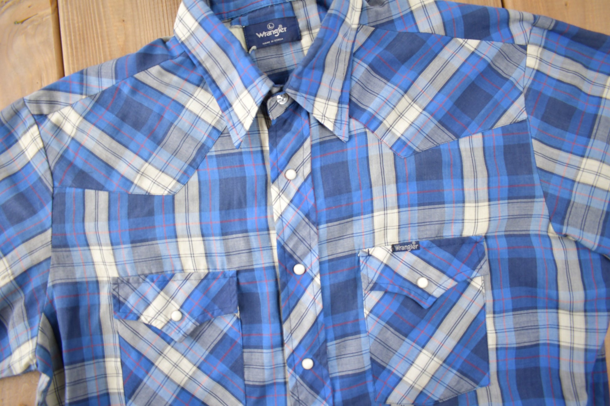 Vintage 1990s Wrangler Western Shirts Pearl Snap Short Sleeve Plaid Button Up Shirt Size L